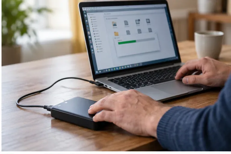 Una persona copia file da un computer portatile a un disco esterno prima di cancellare i dati.