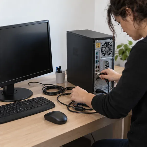 Persona che scollega con attenzione i cavi da un computer fisso spento, con monitor, tastiera e mouse sul tavolo
