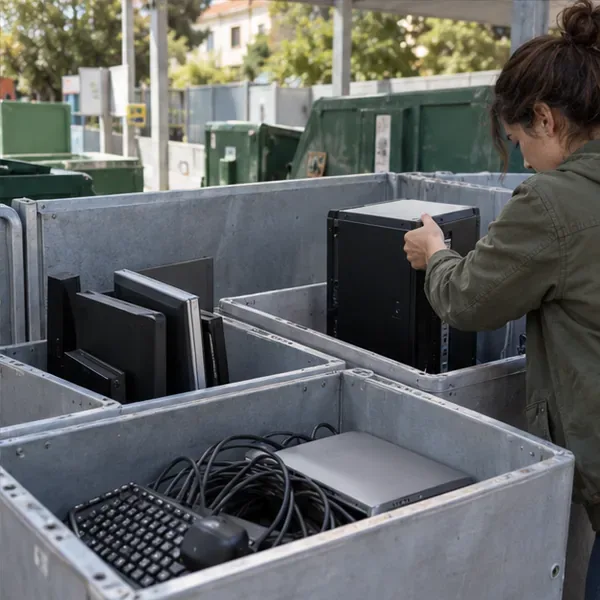 Computer fissi, monitor, tastiera e cavi collocati separatamente in contenitori per apparecchiature elettroniche in un centro di raccolta