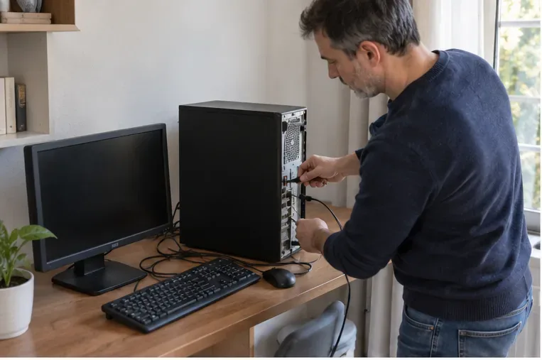 Uomo che scollega i cavi dal retro di un computer desktop prima di prepararlo per lo smaltimento