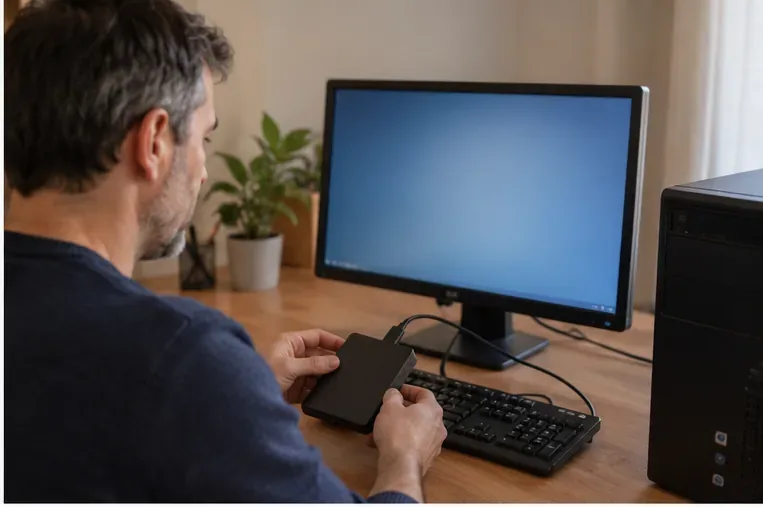 Uomo davanti al PC con un disco esterno collegato mentre prepara il backup dei dati prima dello smaltimento