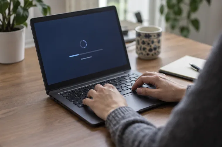 Computer portatile durante la cancellazione dei dati personali, con schermata non leggibile.