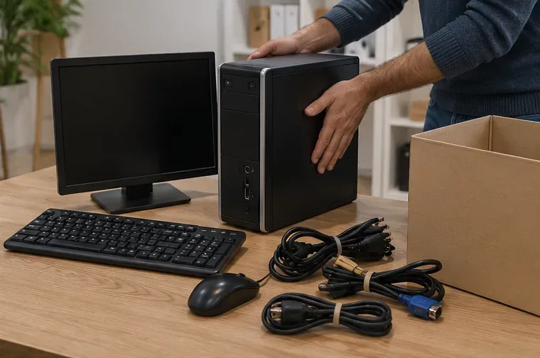 Computer desktop spento con monitor, tastiera, mouse e cavi separati per il trasporto