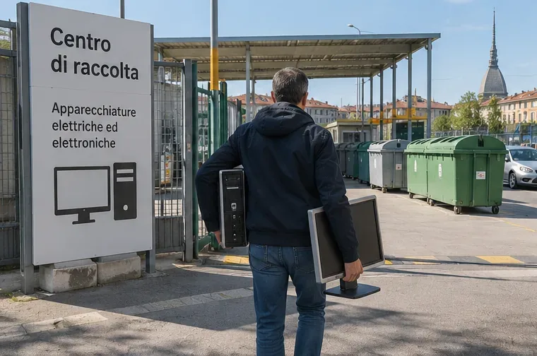 Persona che porta un computer e un monitor verso un centro di raccolta per apparecchiature elettriche ed elettroniche a Torino
