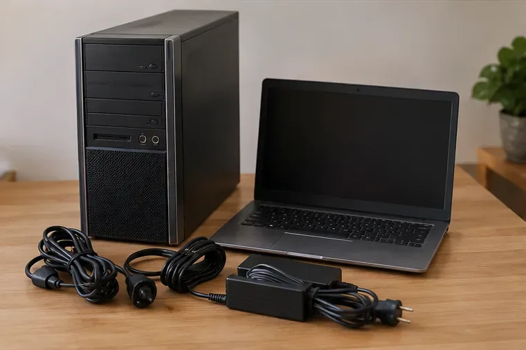 Un computer fisso, un portatile, cavi e alimentatori raccolti e preparati per il conferimento come RAEE