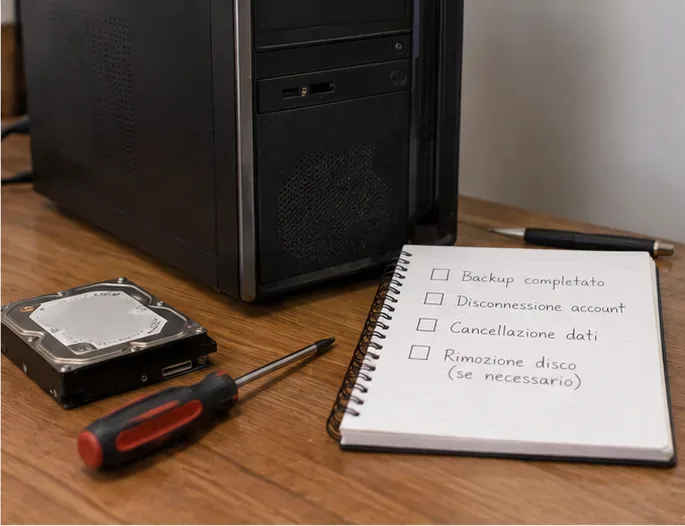 Computer desktop, hard disk rimosso, cacciavite e lista di controllo per backup e cancellazione dei dati