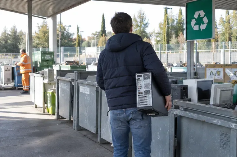 Persona che trasporta un computer desktop verso un centro di raccolta con contenitori per rifiuti elettronici