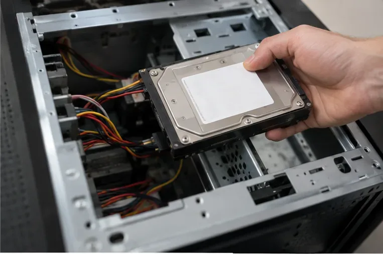 Mano che estrae un hard disk da un computer desktop aperto per proteggere i dati prima del riciclo