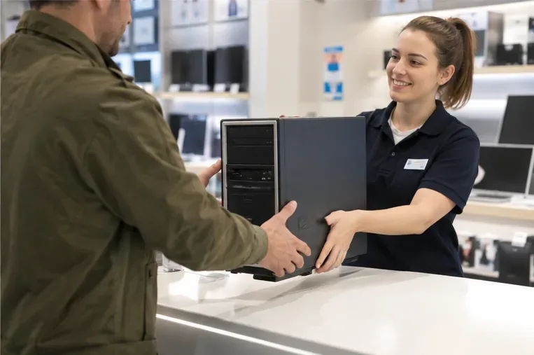 Cliente che consegna un vecchio computer desktop al banco di un negozio di elettronica