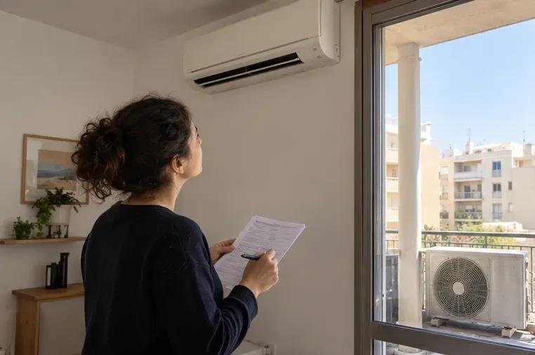Una residente osserva il climatizzatore a parete e prende nota delle informazioni sull’impianto