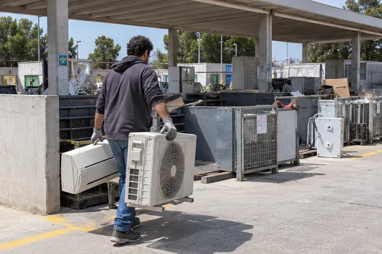 Un climatizzatore disinstallato viene consegnato in un’area organizzata per il conferimento degli elettrodomestici