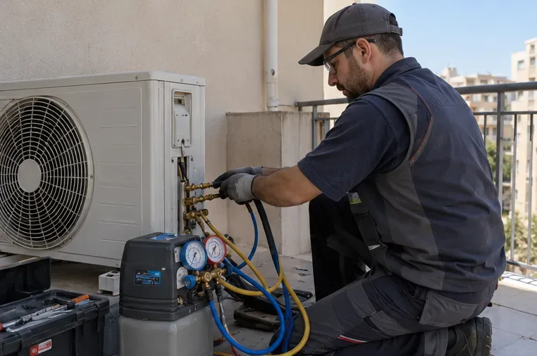 Un tecnico lavora sull’unità esterna del climatizzatore con strumenti per il circuito refrigerante