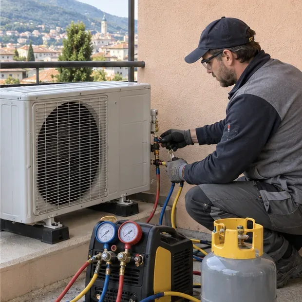Un tecnico HVAC lavora sull’unità esterna di un condizionatore con manometri e attrezzatura per il recupero del refrigerante.