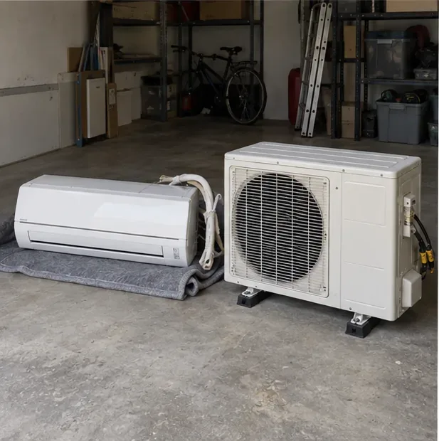 Un’unità interna e un’unità esterna di climatizzazione, entrambe integre, sono appoggiate in un garage e pronte per il trasporto.