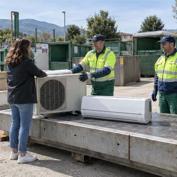 Due addetti in abbigliamento ad alta visibilità ricevono un’unità esterna e una interna di climatizzazione in un centro di raccolta.