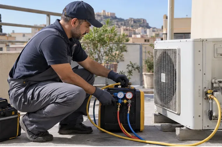 Tecnico qualificato che prepara il recupero del refrigerante dall’unità esterna di un condizionatore
