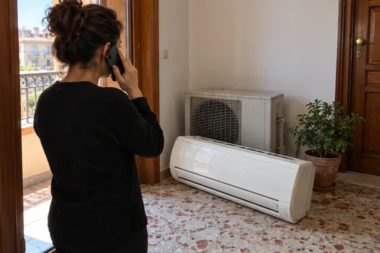 Una residente telefona mentre un vecchio climatizzatore è appoggiato integro all’interno dell’abitazione