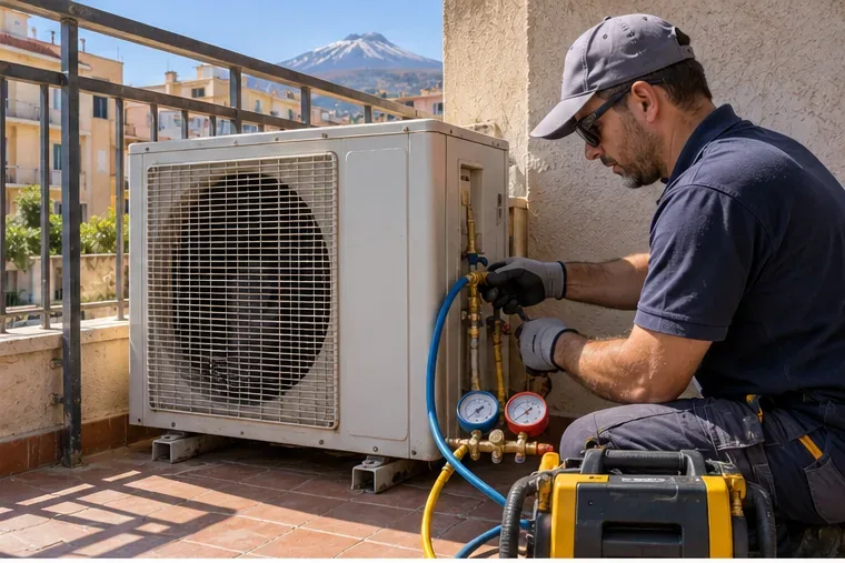 Tecnico HVAC con guanti collega strumenti di recupero al circuito di un’unità esterna di climatizzazione