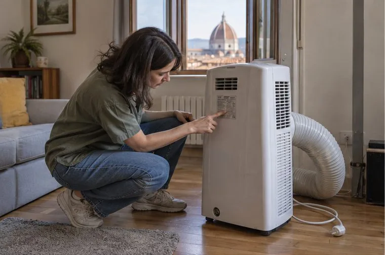 Una persona controlla la targhetta di un condizionatore portatile ancora integro in casa