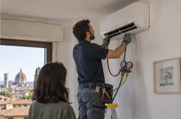 Un tecnico interviene su uno split a parete usando strumenti di servizio mentre una residente osserva
