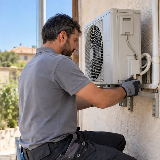 Tecnico con guanti al lavoro sull’unità esterna di un climatizzatore split installato a parete