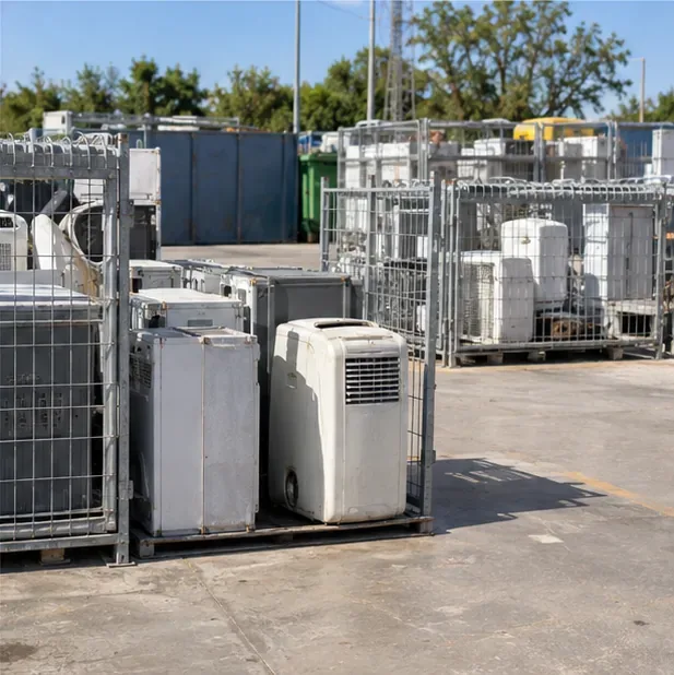 Area ordinata di un centro di raccolta con condizionatori e altre apparecchiature elettriche separati in gabbie metalliche