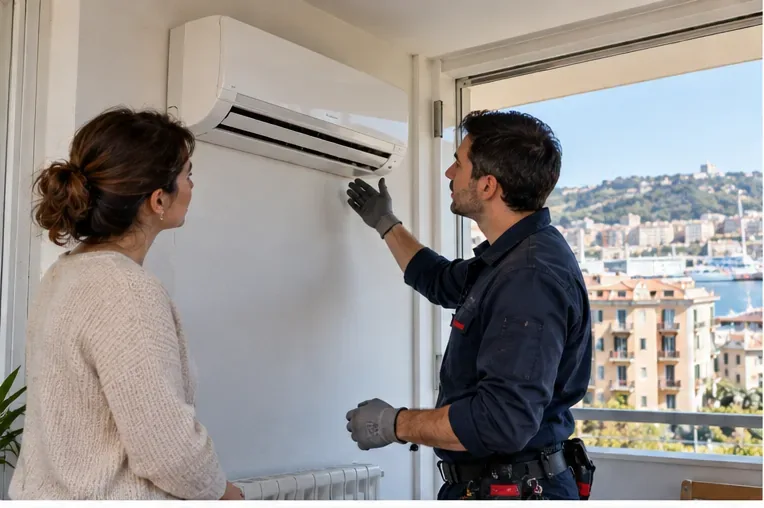 Tecnico che esamina con la proprietaria un climatizzatore split montato a parete in un'abitazione di Genova