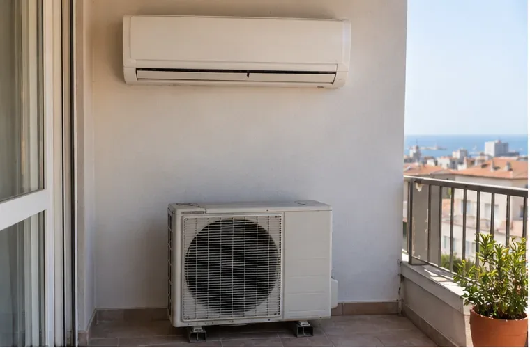 Condizionatore split ancora installato, con unità interna a parete e unità esterna sul balcone prima della dismissione
