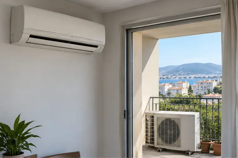 Condizionatore split installato in un appartamento con unità interna a parete e unità esterna sul balcone