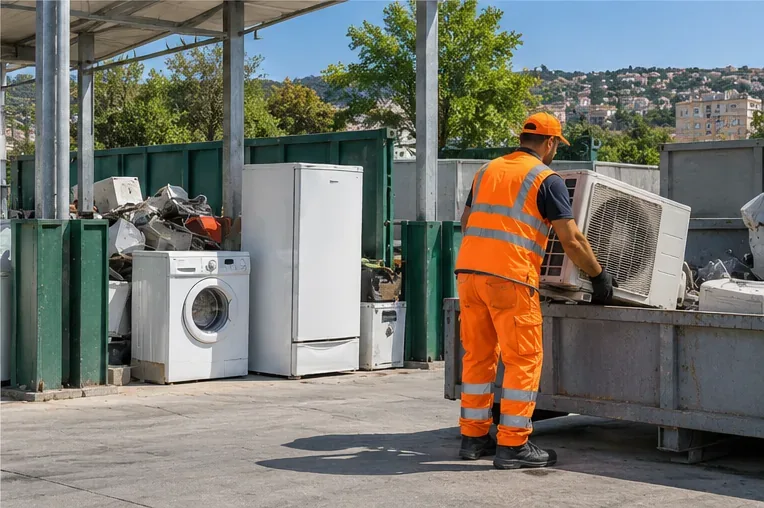 Operatore in abbigliamento ad alta visibilità che movimenta un’unità esterna di condizionatore in un’area di raccolta di elettrodomestici