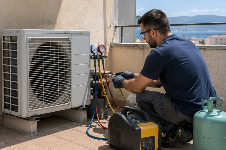 Tecnico al lavoro sull’unità esterna di un condizionatore con manometri e attrezzatura per il circuito frigorifero