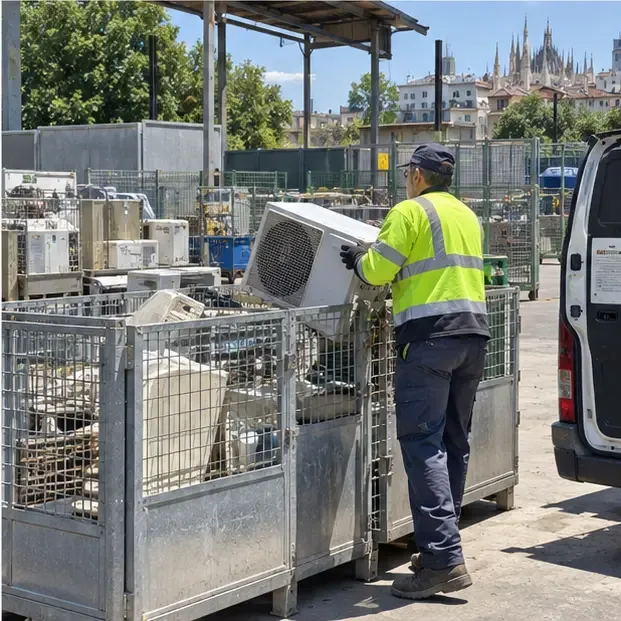 Operatore in area comunale di raccolta che deposita un’unità esterna di condizionatore in un contenitore per grandi apparecchi
