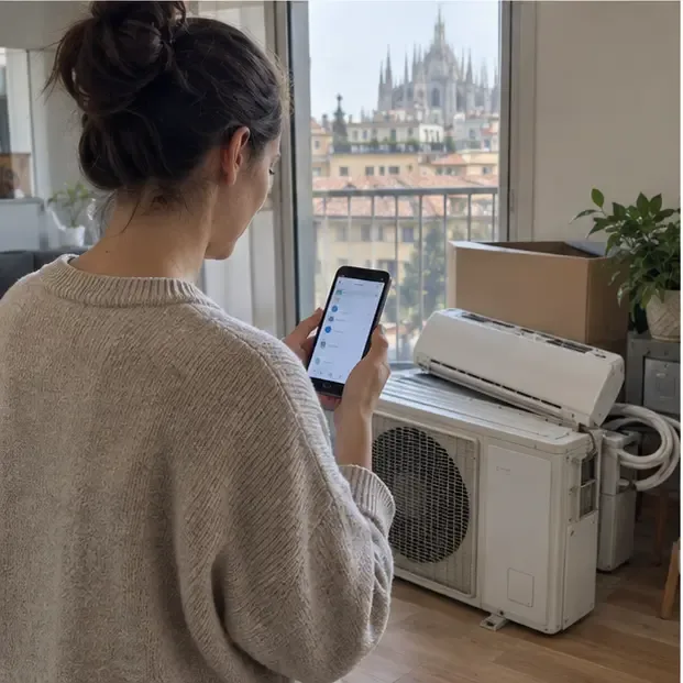 Persona a Milano che controlla sullo smartphone un servizio di raccolta mentre accanto sono appoggiate le unità di un vecchio condizionatore