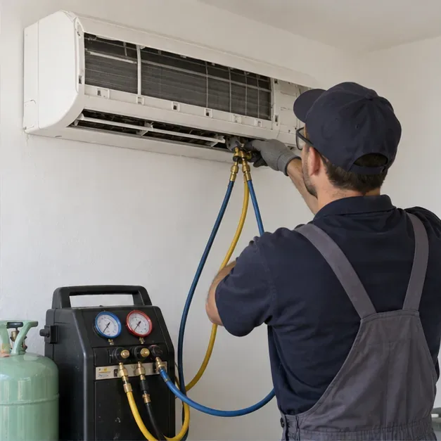 Un tecnico collega un’apparecchiatura professionale ai tubi di un climatizzatore split installato a parete