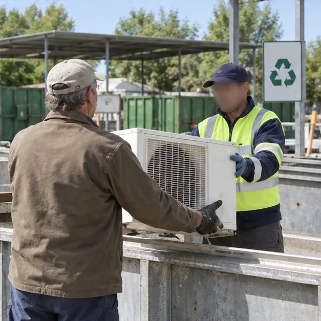 Un addetto in abbigliamento ad alta visibilità riceve un’unità esterna di climatizzazione in una stazione ecologica