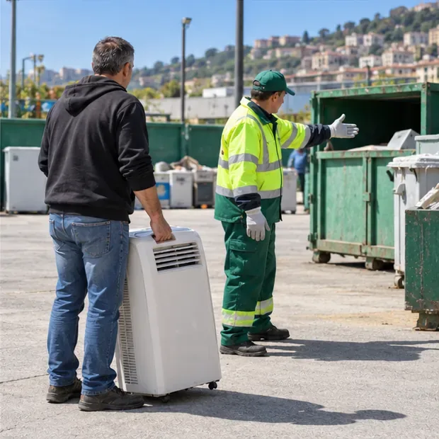 Un residente porta un condizionatore portatile a un addetto presso un centro comunale di raccolta