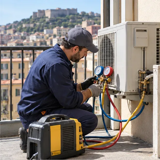 Un tecnico HVAC usa strumenti collegati all’unità esterna di un condizionatore split su un balcone