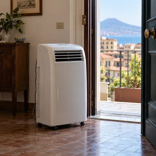 Un condizionatore portatile bianco e integro vicino a una porta-finestra in un appartamento