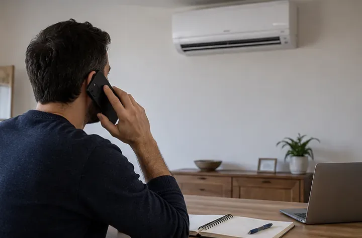 Persona al telefono davanti a un tavolo con quaderno e computer, con un condizionatore split sulla parete.