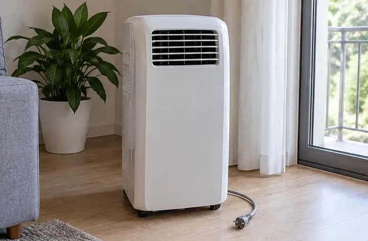 Condizionatore portatile bianco su ruote, con spina scollegata sul pavimento accanto a una portafinestra.