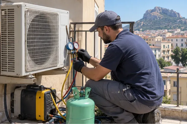 Tecnico con manometri e attrezzatura frigoristica interviene sull'unità esterna di un climatizzatore