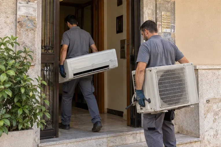 Due installatori trasportano separatamente l'unità interna e l'unità esterna di un vecchio climatizzatore