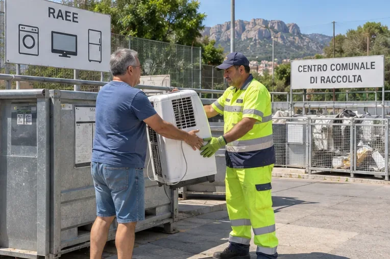 Un cittadino consegna un'unità di climatizzazione a un operatore in un centro comunale di raccolta RAEE