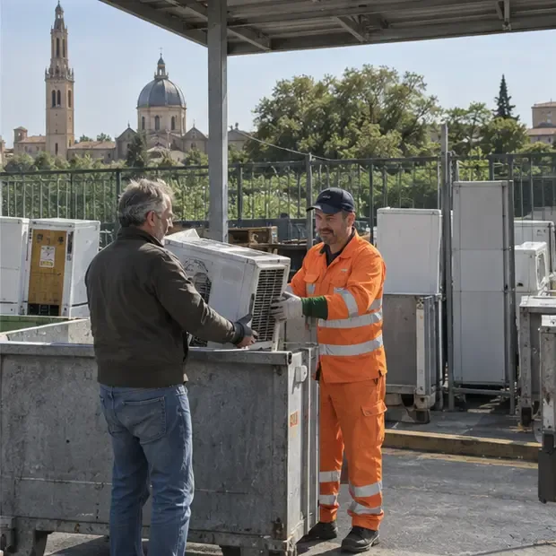 Un operatore in abbigliamento ad alta visibilità riceve un’unità di condizionamento in un centro di raccolta