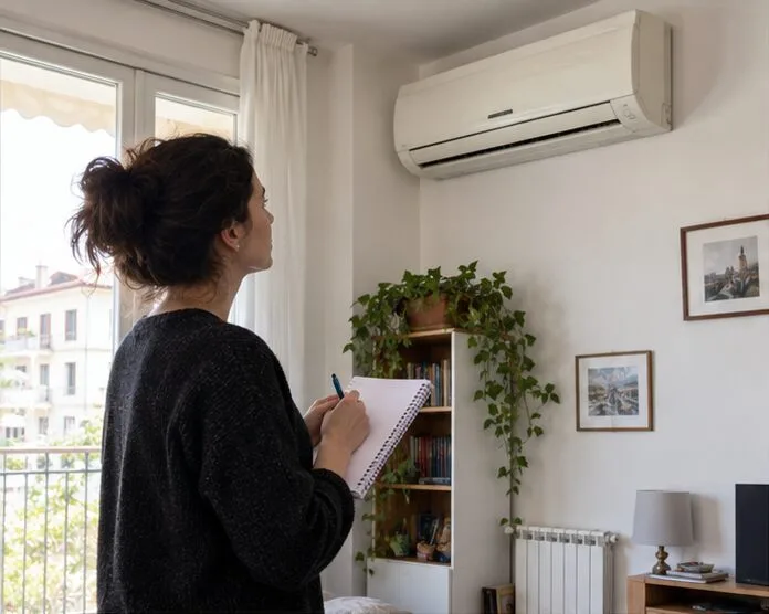 Una residente prende appunti osservando un climatizzatore split ancora montato in casa