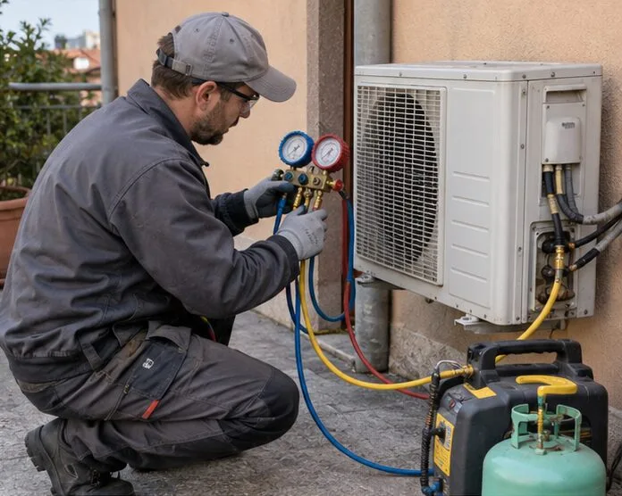 Un tecnico HVAC recupera il refrigerante dall’unità esterna con attrezzatura professionale