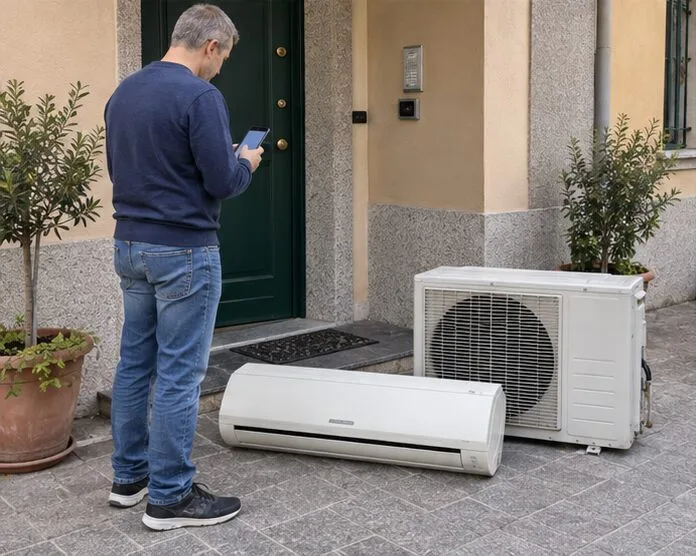Un residente usa il telefono accanto a un condizionatore split già disinstallato e custodito vicino all’ingresso