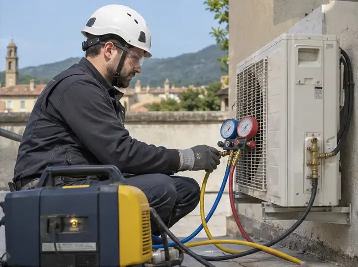 Tecnico qualificato che usa un’apparecchiatura di recupero del refrigerante sull’unità esterna di un climatizzatore