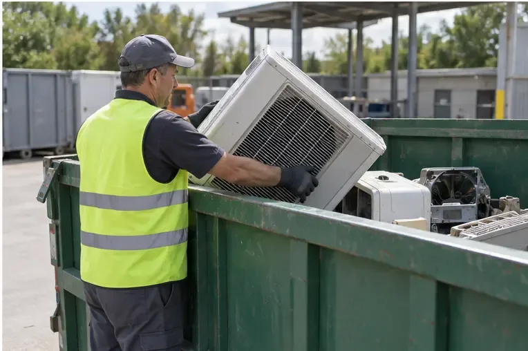 Operatore con gilet ad alta visibilità che deposita un’unità esterna di condizionatore in un contenitore per grandi apparecchiature