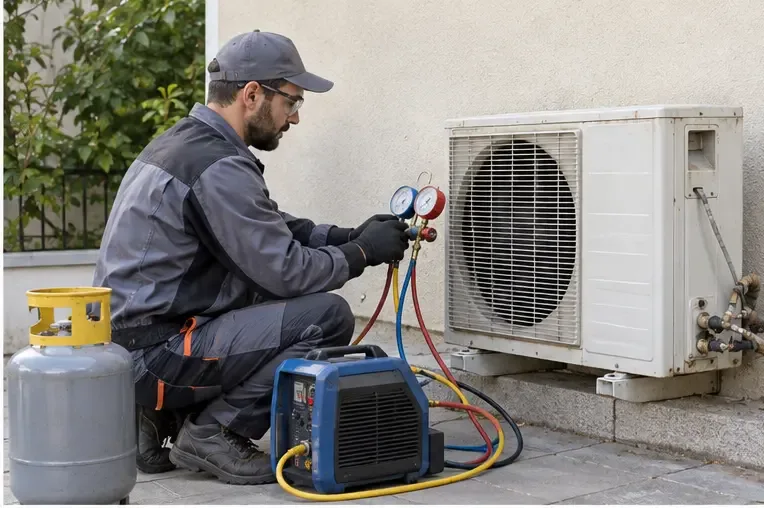Tecnico qualificato che utilizza strumenti di recupero del refrigerante vicino all’unità esterna di un condizionatore
